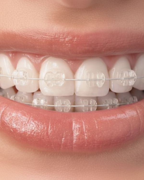 Close-up of ceramic braces with tooth-colored brackets and wires for an aesthetic orthodontic appearance.
