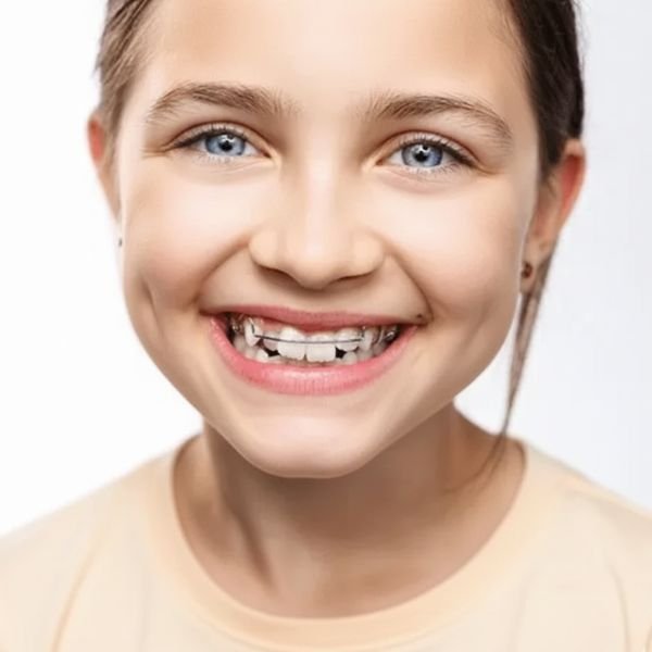 Smiling young girl wearing an early orthodontic appliance under Dr. Nikhil Sharma’s care at Invisible Braces Dental & Skin Clinic, Dubai.