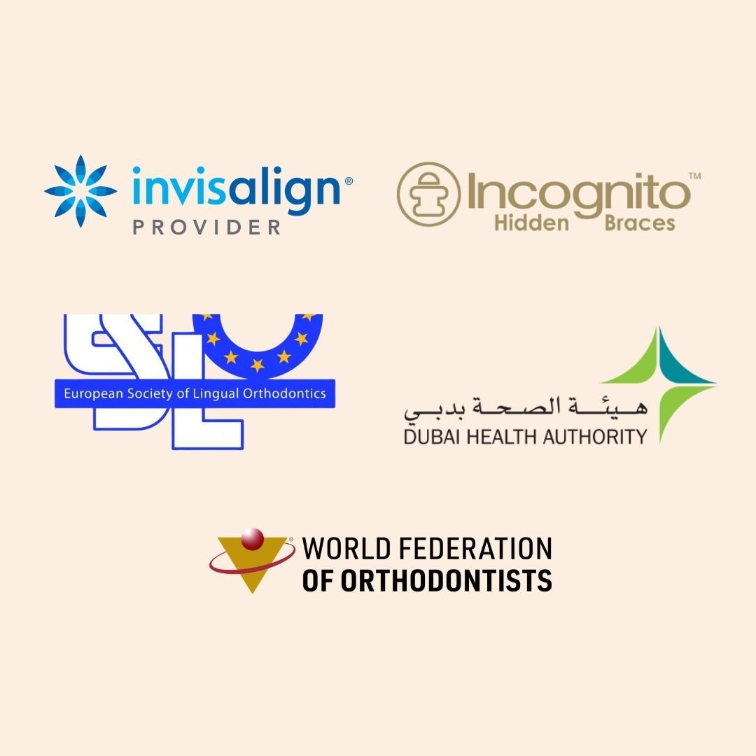 Invisalign, Incognito, European Society of Lingual Orthodontics, Dubai Health Authority, and World Federation of Orthodontists affiliations of Dr. Nikhil Sharma, Orthodontist in Dubai.