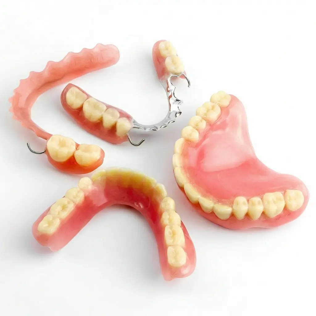 Different types of custom-made dentures including full and partial dentures designed for comfortable and natural tooth replacement