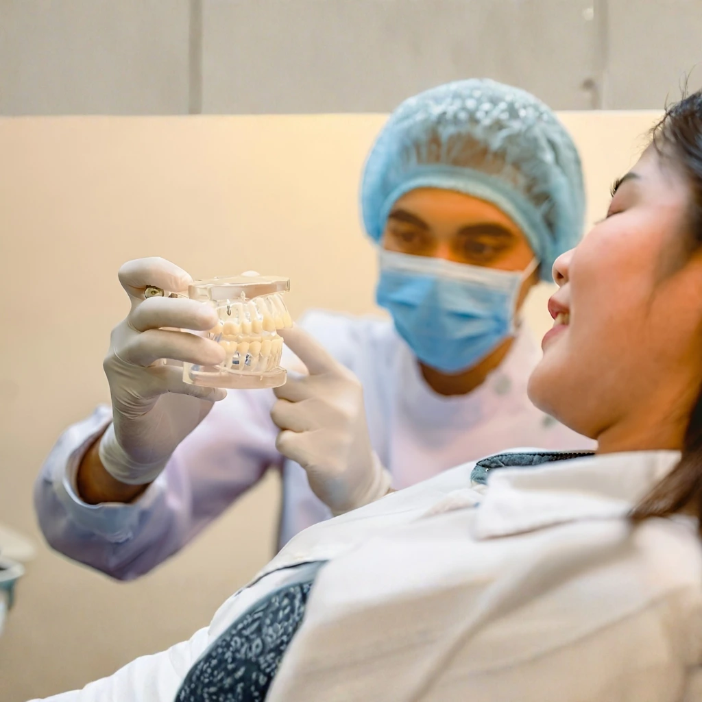 Dentist explaining tooth extraction procedure using a dental model at Invisible Braces Dental & Skin Clinic.