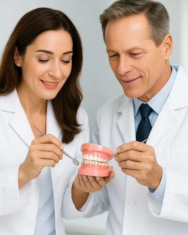 Dentists reviewing a dental model together to plan comprehensive aesthetic and functional treatment